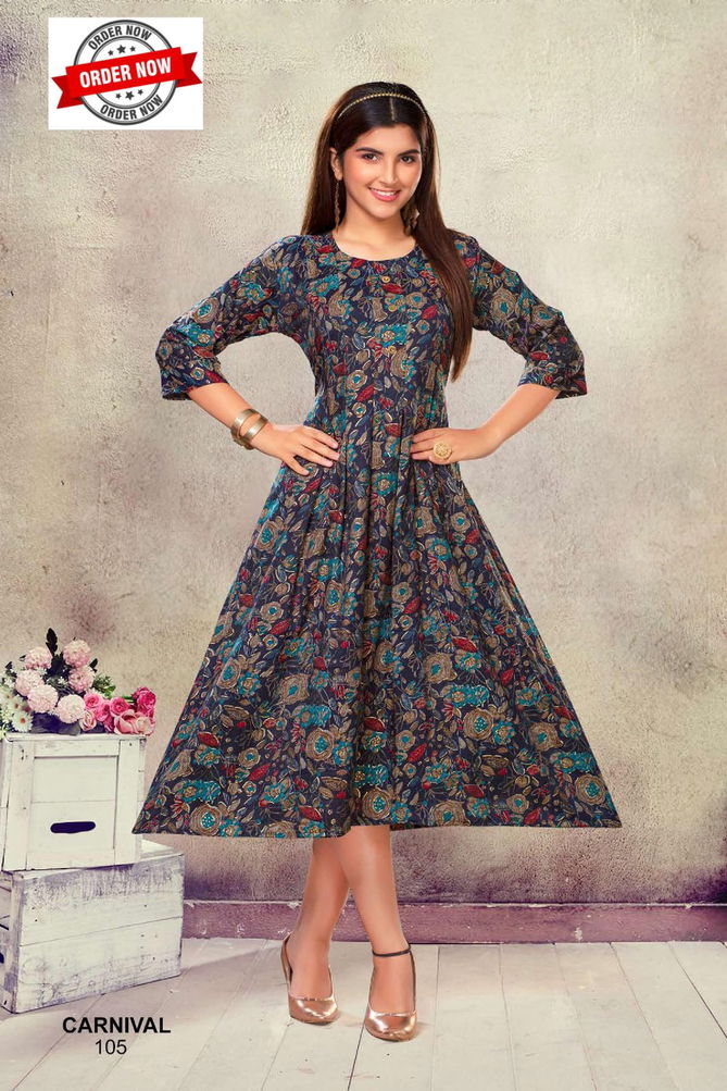 Carnival Vol 1 By Trendy Rayon Printed Anarkali Kurtis Wholesale Market In Surat
